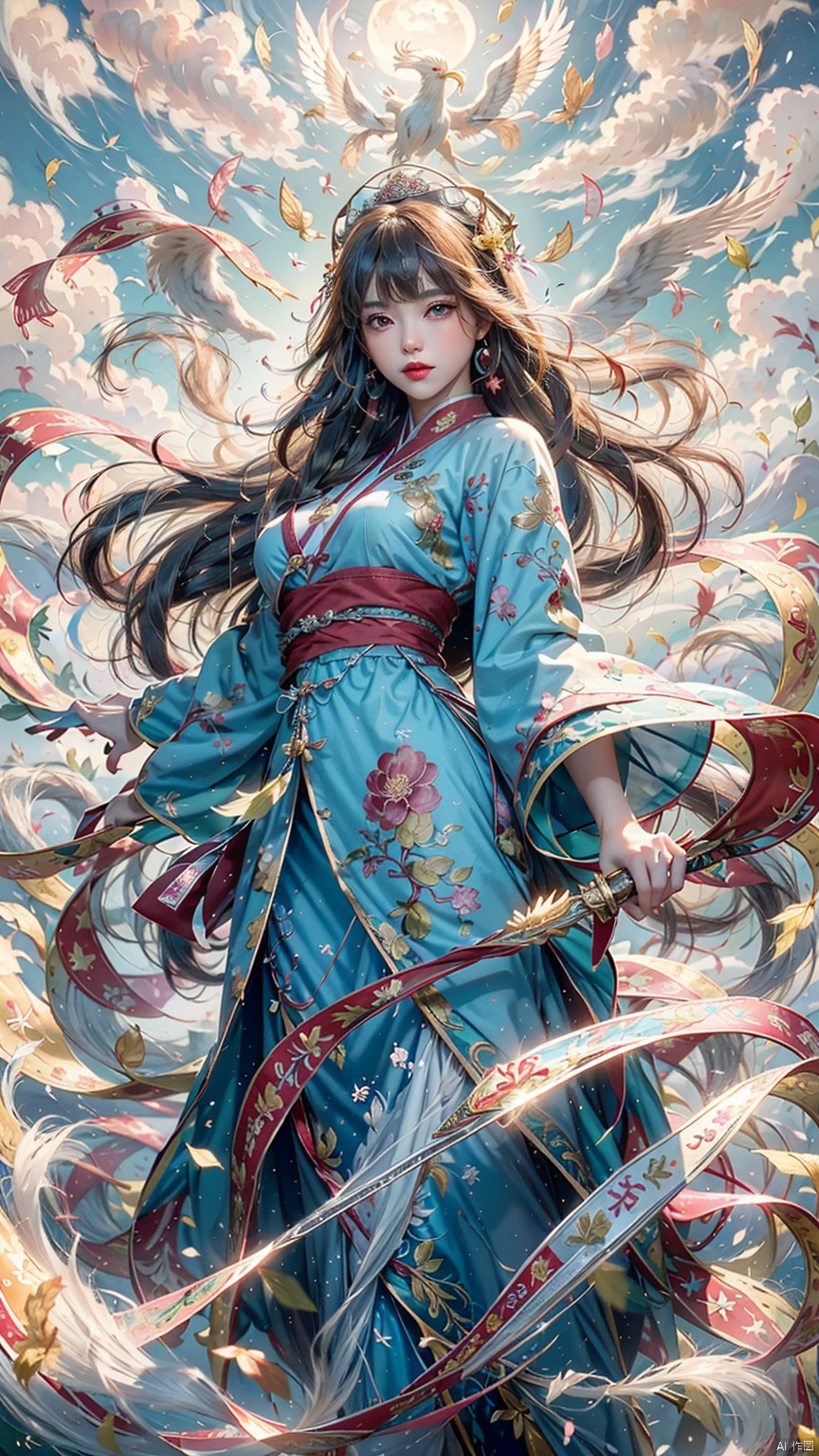 (Heading up) (Positive Light) Female Focus, Lightness Skill, Imperial Sword (Straight Sword) (Giant Phoenix Projection)
Red lips, bangs, earrings, kimono, Chinese cardigan, print, tassels
Cloud and mist whirlwind, shrouded in clouds and mist, ethereal aura drifting, Chinese architecture, Taoist runes