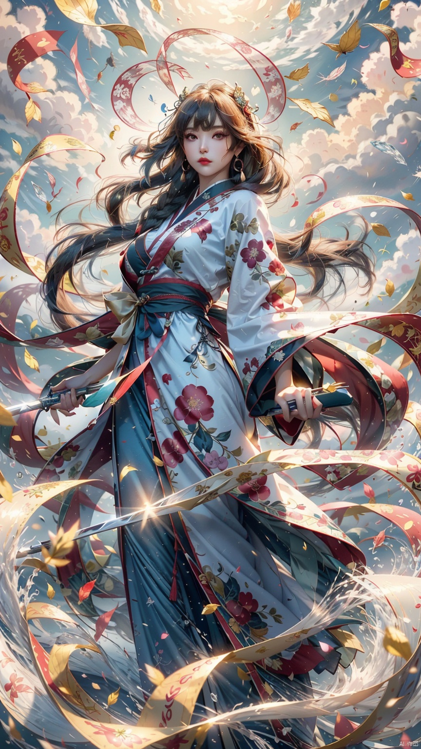 (Looking up) (Positive Light) Female Focus, Sword (Straight Sword) (Giant Water Phoenix, Asuka)
Red lips, bangs, earrings, kimono, Chinese cardigan, print, tassels
Element whirlwind, Chinese architecture, Daofa Rune