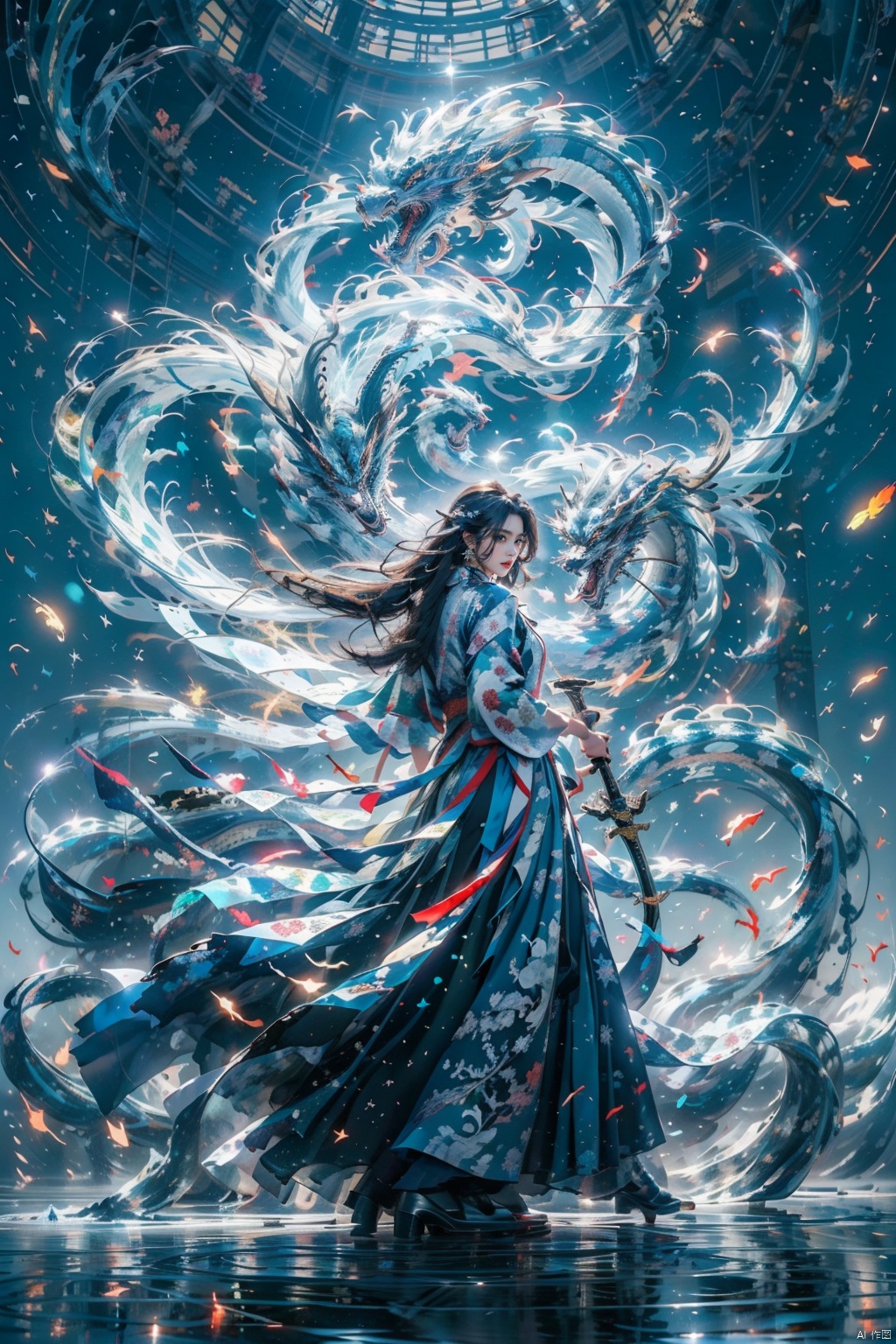  1 girl, solo, (upper body) female focal point, (Hanfu) (kimono) (skirt), blue long hair, (Chinese clothing) (blue eyes) (bright pictures) red lips, bangs, earrings, kimono, Chinese cardigan, print, tassels, (front view) (front view), sword (straight sword)
Elemental Whirlwind, Chinese Dragon_ Imagination__ Cloud winding_ Huoyun_ Dragon, Chinese architecture.
(Masterpiece), (very detailed CG Unity 8K wallpaper), the best quality, high-resolution illustrations, stunning, highlights, (best lighting, best shadows, a very exquisite and beautiful), (enhanced)·