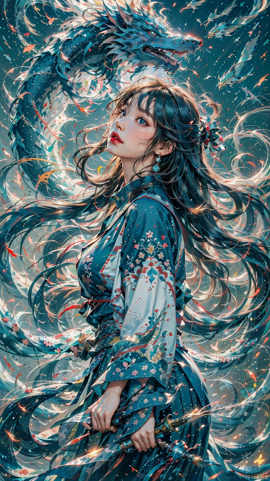 1 girl, (looking up) (positive light) female focus, (long hair) lightness skill, imperial sword (straight sword) (lightning whirlwind), red lips, bangs, earrings, kimono, Chinese cardigan, print, tassels,
Chinese architecture, energy flow, energy fluid, a huge beast composed of energy, Taoist symbols, Multidimensional diffraction paper