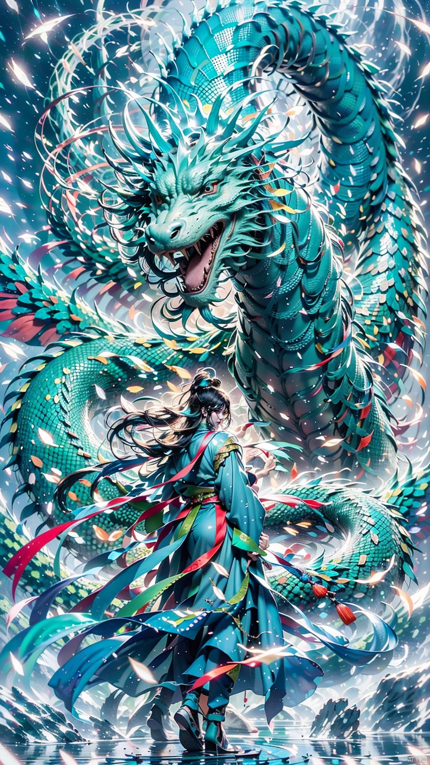 1 Girl, Ancient Chinese Hanfu, White Hair, Long Sleeve, Dynamic Pose, Ancient Chinese Architecture, Giant Green Dragon, Energy Storm, Watching Audience, Female Focus, Outdoors, Standing, Green Dragon