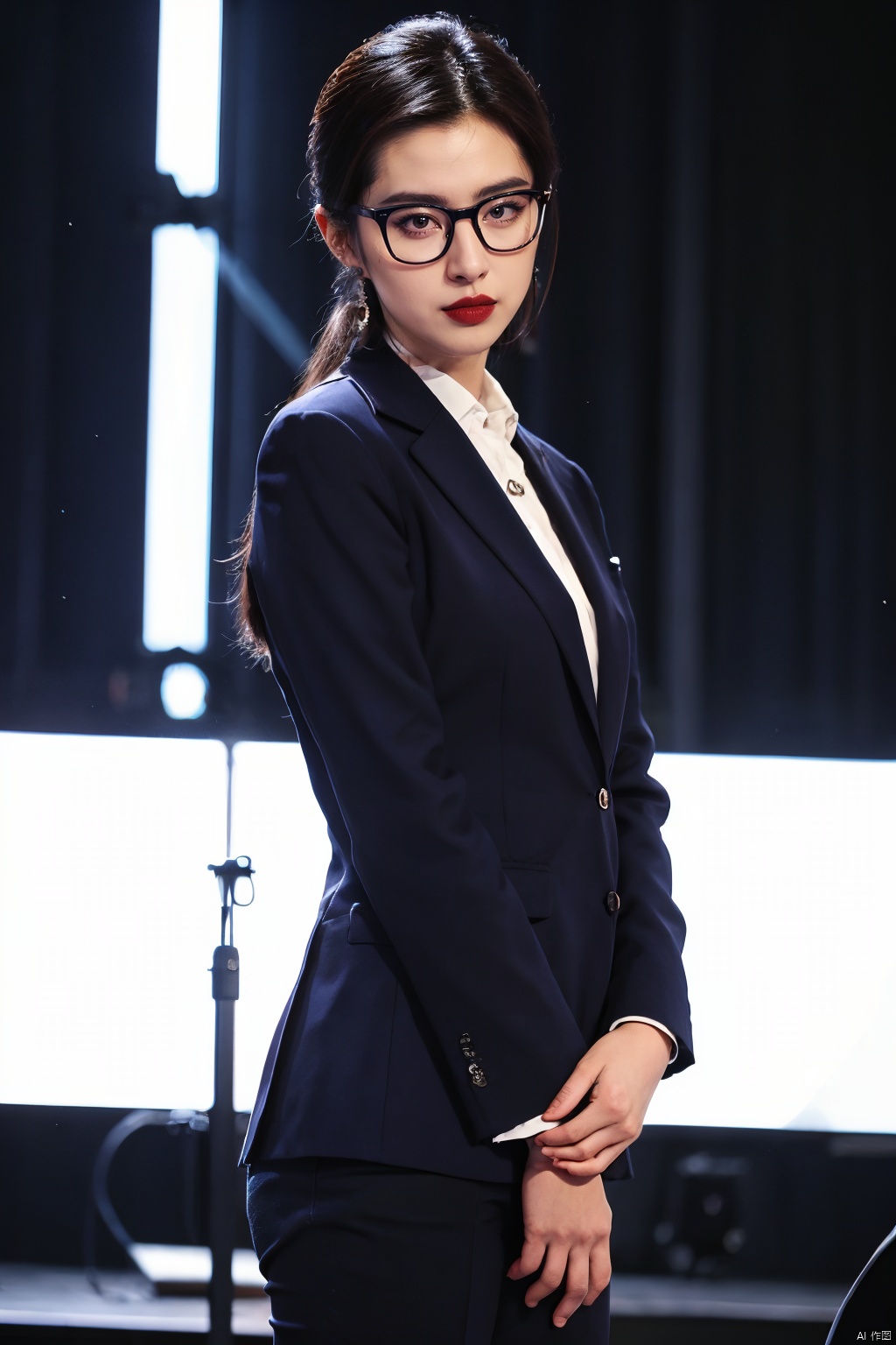  PHOTOREALISTIC REALISTIC,masterpiece,best quality,highres,ultra detailed,8k,solo,1woman,glasses,suit,looking at viewer,cowboy shot,stage,stage light,