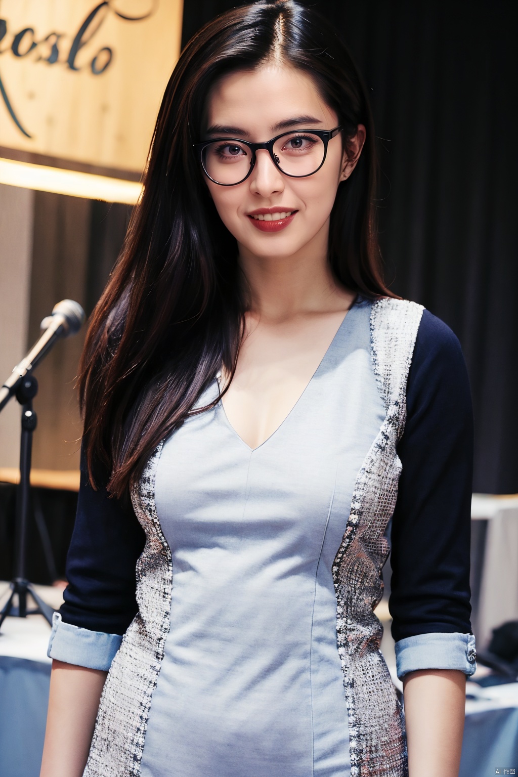  PHOTOREALISTIC REALISTIC,masterpiece,best quality,highres,ultra detailed,8k,solo,1woman,dress,glasses,looking at viewer,cowboy shot,stage,stage light,