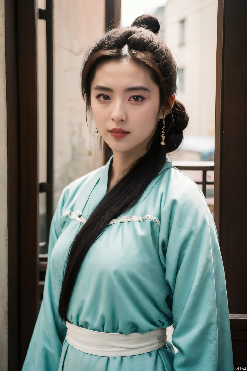 PHOTOREALISTIC REALISTIC,masterpiece,best quality,highres,ultra detailed,8k,upper body,1woman,white hanfu dress,(classical long hair),hair ornament,hair bun,looking at viewer,makeup,chinese building,night,dark background,