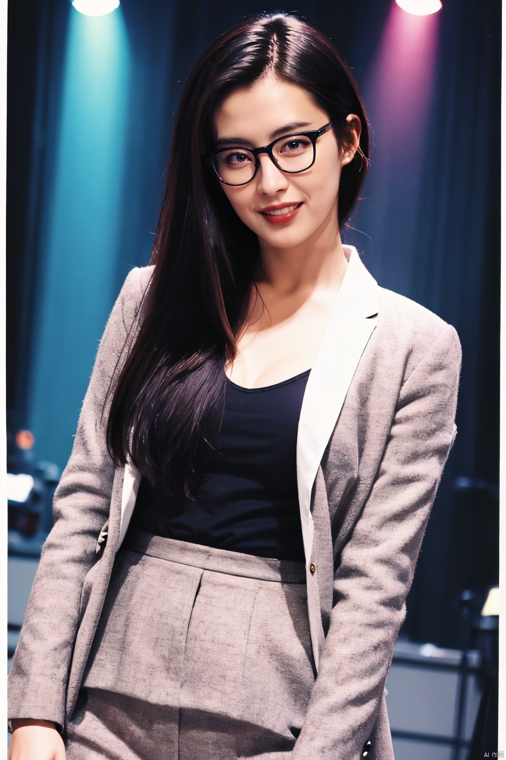  PHOTOREALISTIC REALISTIC,masterpiece,best quality,highres,ultra detailed,8k,solo,1woman,glasses,suit,smile,looking at viewer,cowboy shot,stage,stage light,