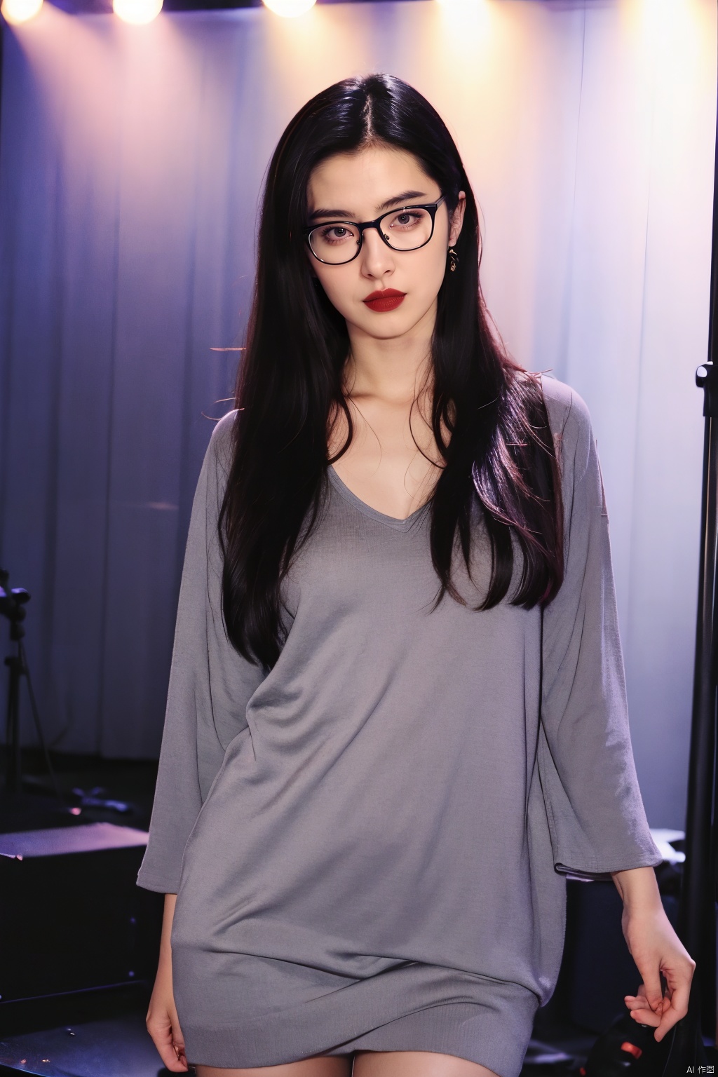  PHOTOREALISTIC REALISTIC,masterpiece,best quality,highres,ultra detailed,8k,solo,1woman,dress,glasses,looking at viewer,cowboy shot,stage,stage light,