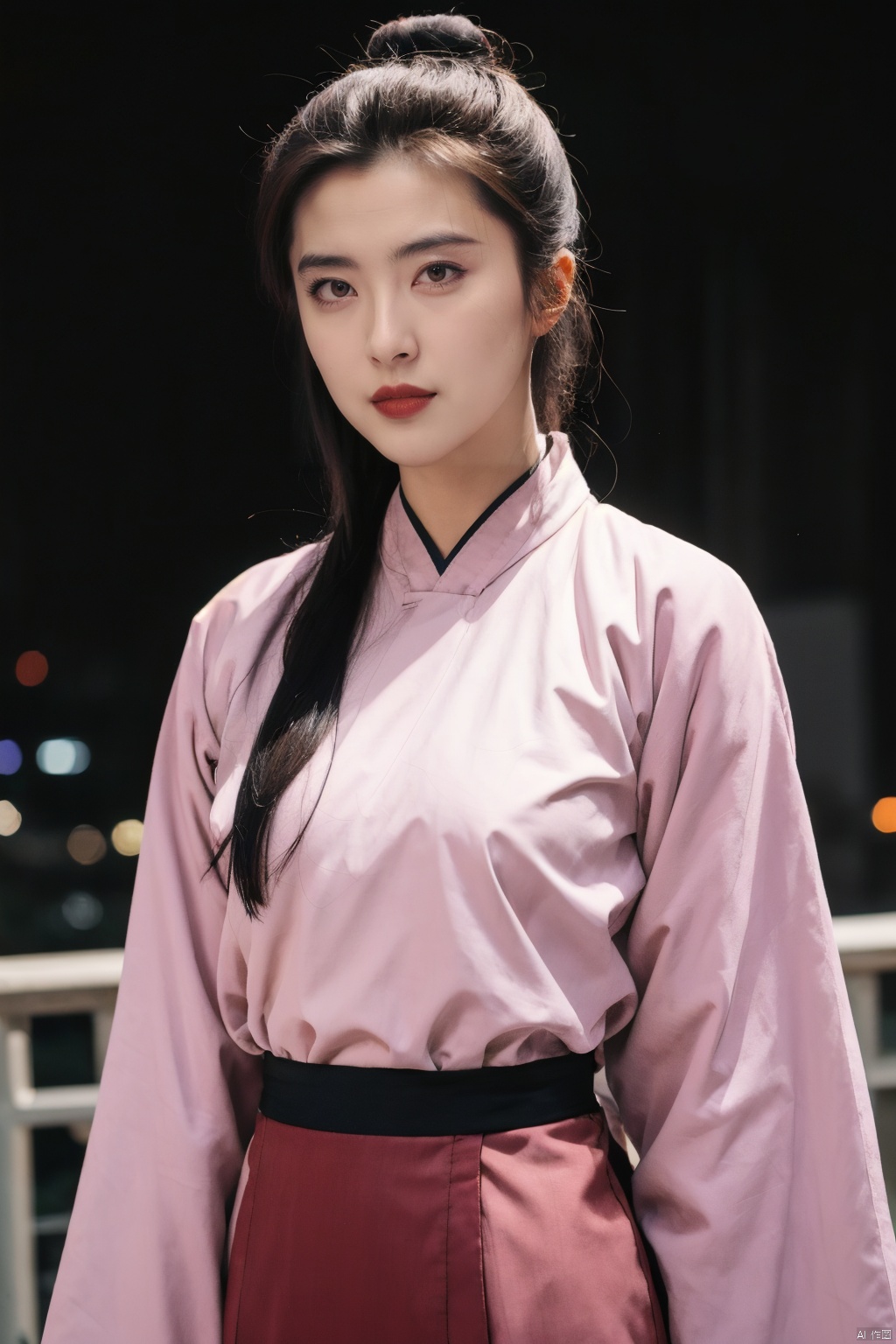 PHOTOREALISTIC REALISTIC,masterpiece,best quality,highres,ultra detailed,8k,upper body,1woman,white hanfu,(classical long hair),hair ornament,hair bun,looking at viewer,makeup,chinese building,night,dark background,