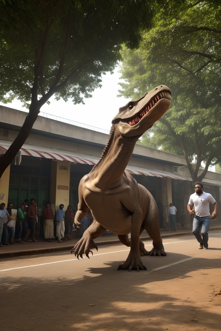 A t rex running on Thrissur city,  Realistic 4k,  dinosour on Tensor.Art