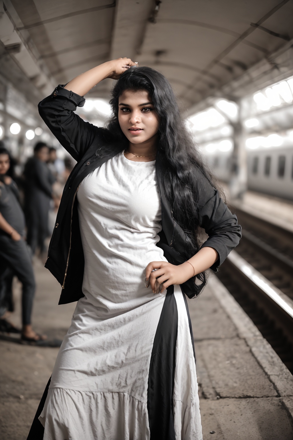((modern fashion design dress))(city,  railway station,  railway track on Tensor.Art