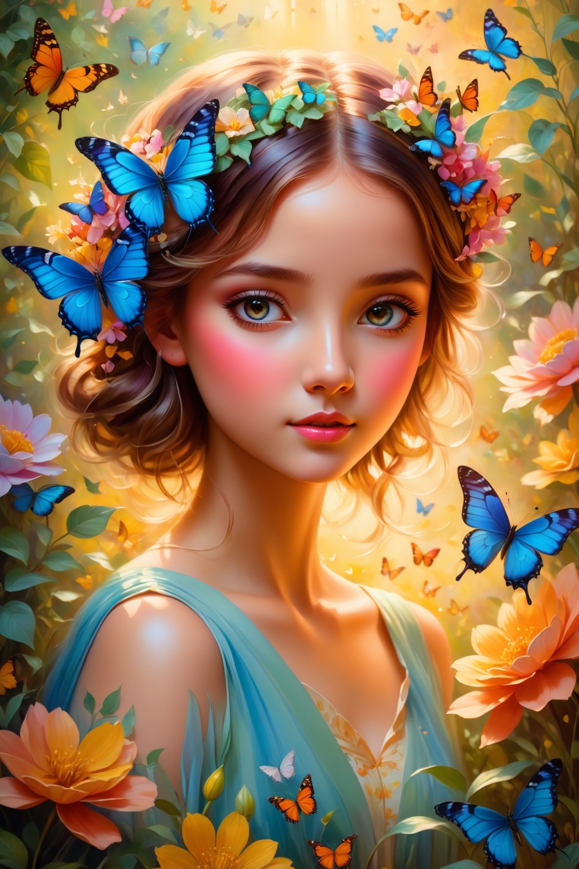 Girl with a butterfly head,  surrounded by a colorful garden,  soft and soothing colors on Tensor.Art