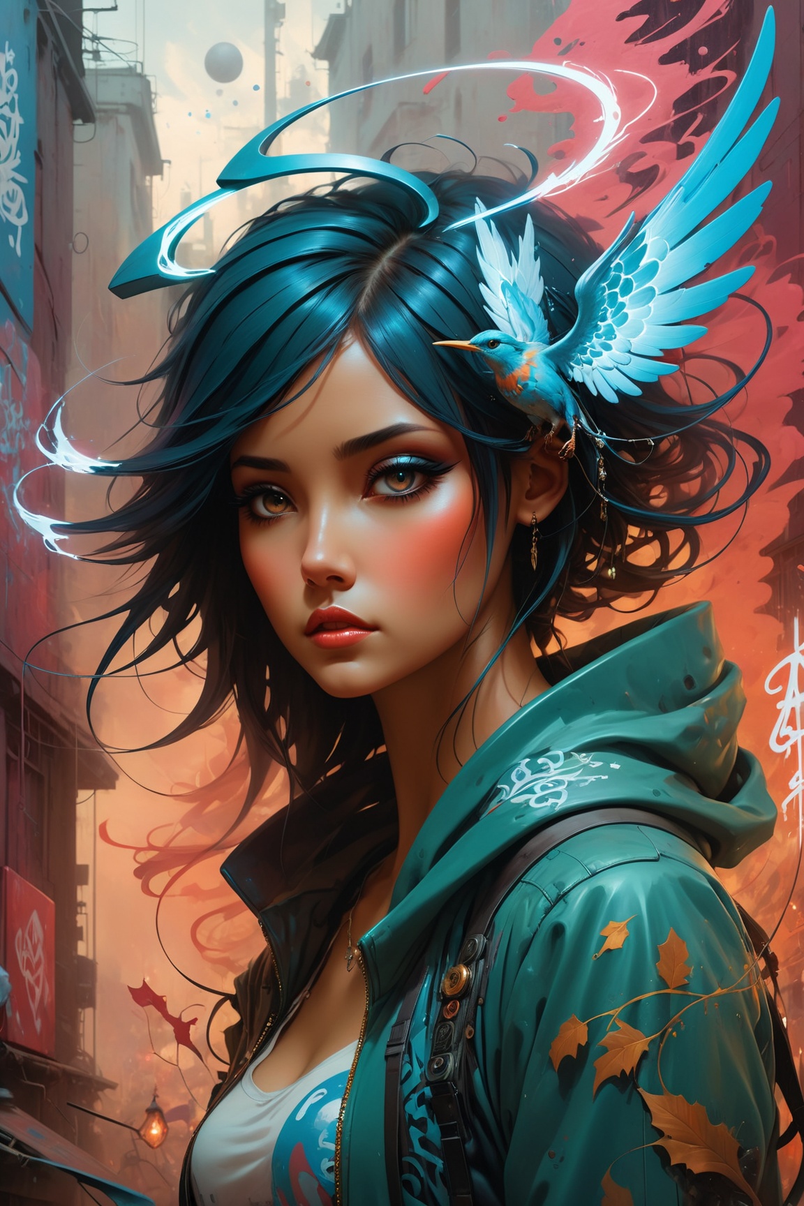 Generate AI art inspired by the artistic essence of Peter Mohrbacher's 'Angelarium,  ' incorporating a graffiti-style ambi...