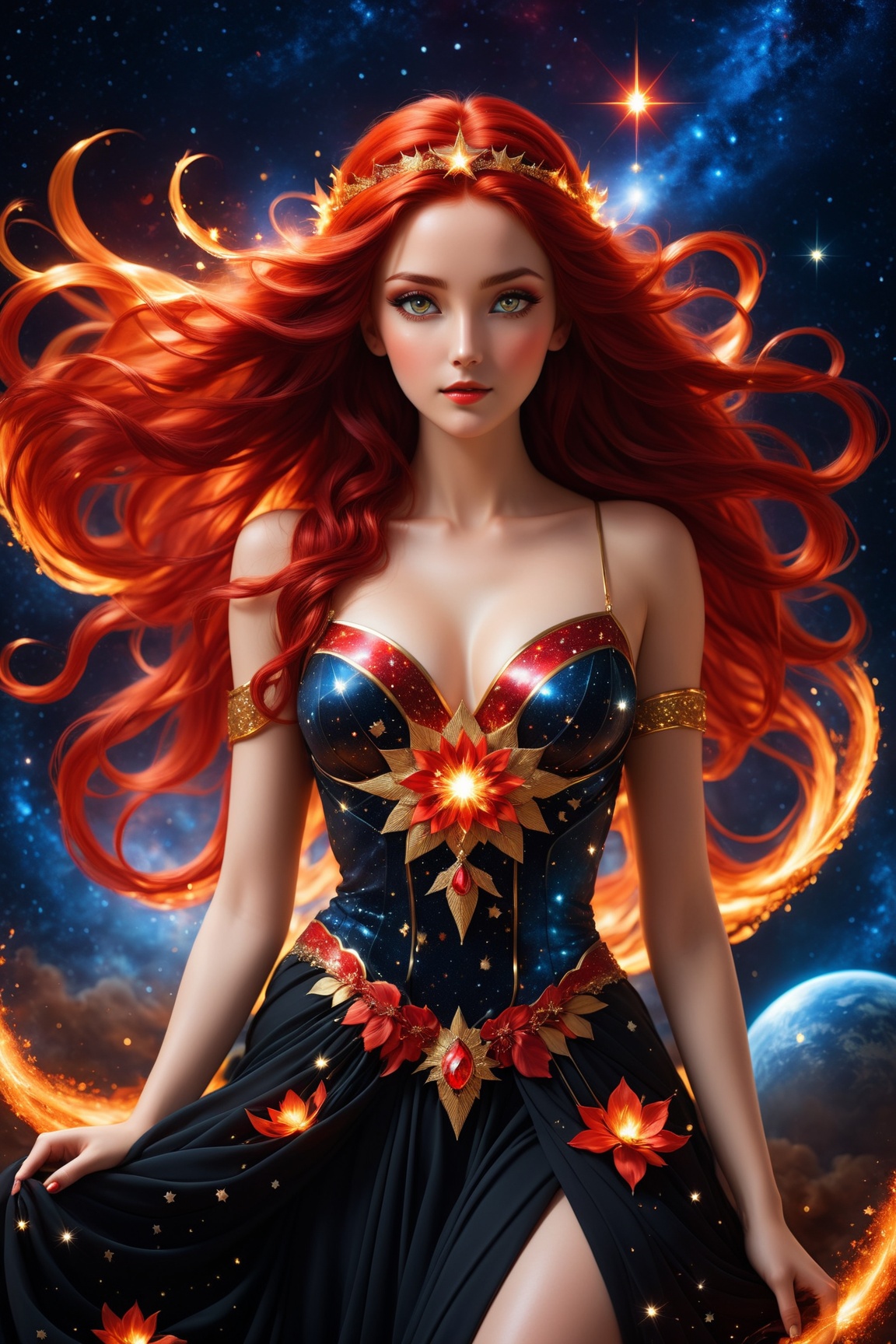In the center of the picture stands a beautiful goddess of fire,  a striking figure of unearthly beauty,  she has flowing...