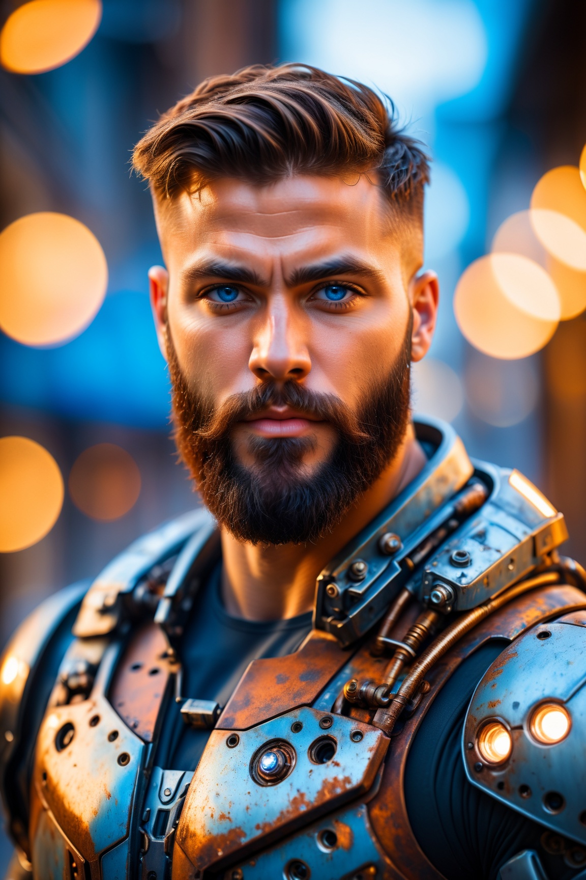 Portrait photo of muscular bearded guy in a worn mech suit,  ((light bokeh)),  intricate on Tensor.Art