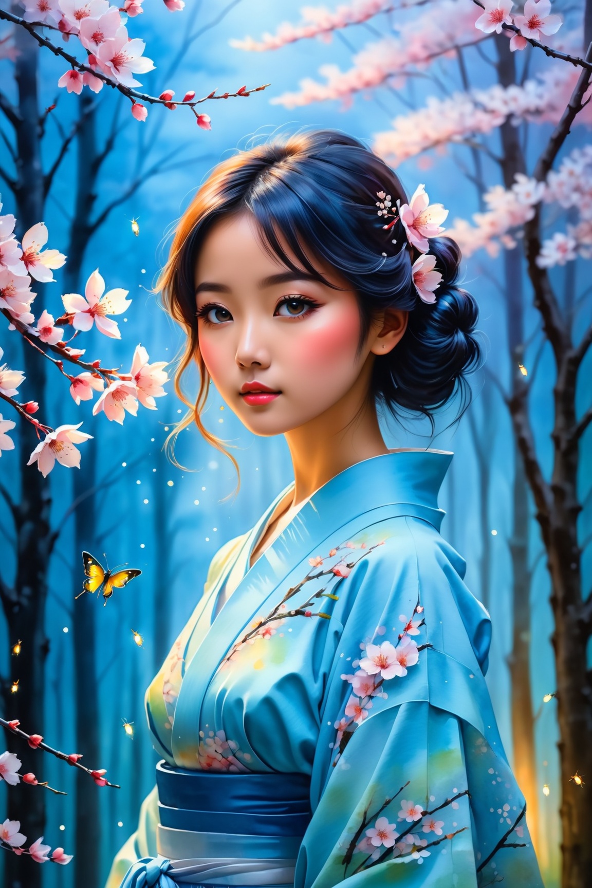 watercolor painting,  pastel blue silhouette,  japanese beautiful girl on Tensor.Art