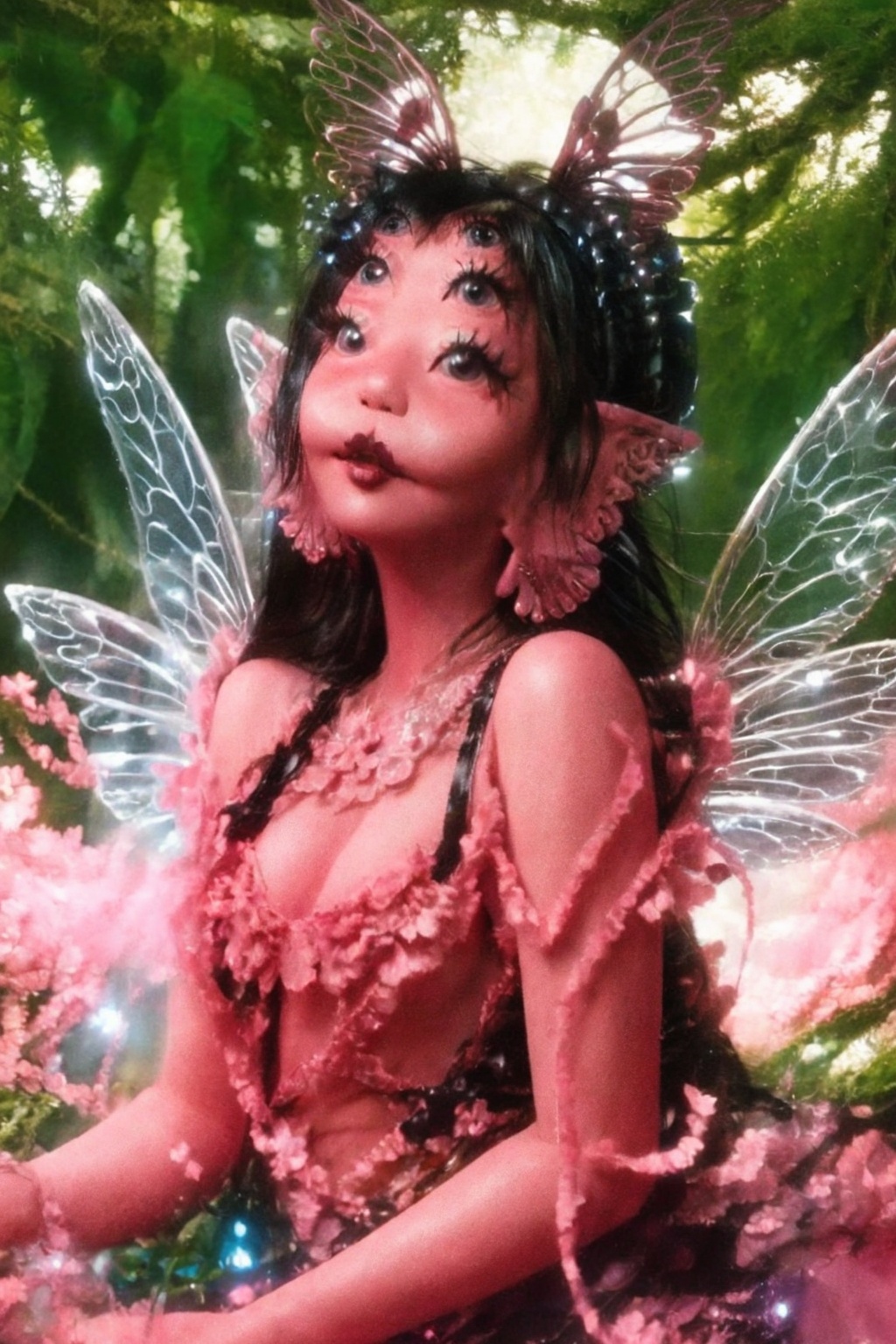 a girl with black hair,  metalic dress,  fairy wings on Tensor.Art