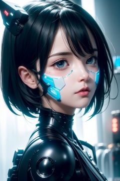 1girl, solo, looking at viewer, mouth mask, black hair, mask, short hair, blue eyes, bangs, hair between eyes, headgear, science fiction, portrait, cyberpunk, from side
