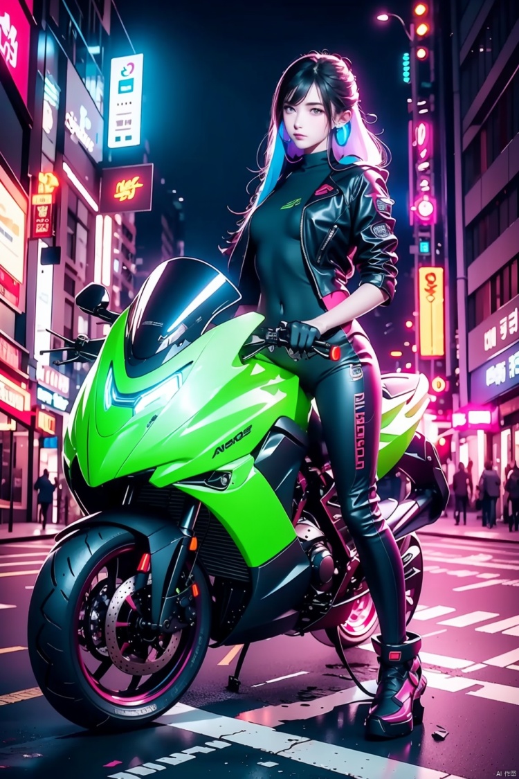 1girl, ground vehicle, motor vehicle, motorcycle, cyberpunk, neon lights, solo, jacket, looking at viewer, green eyes, multicolored hair, city