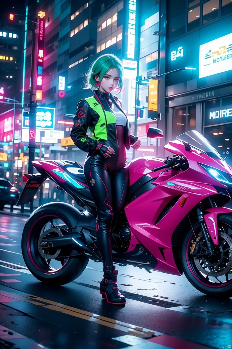 1girl, ground vehicle, motor vehicle, motorcycle, cyberpunk, neon lights, solo, jacket, looking at viewer, green eyes, multicolored hair, city