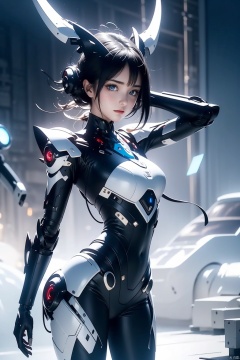 1girl, solo, looking at viewer, blue eyes, black hair, science fiction, headgear, holding, lips, gloves, cowboy shot, armor, weapon
