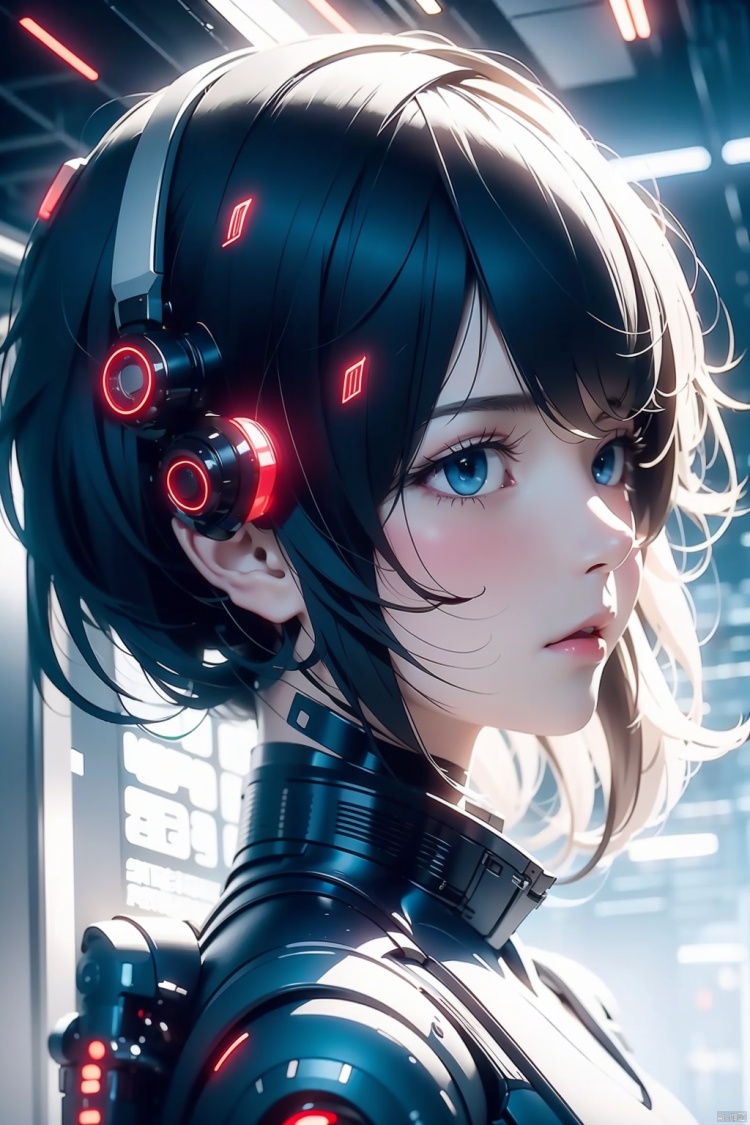 1girl, solo, looking at viewer, mouth mask, black hair, mask, short hair, blue eyes, bangs, hair between eyes, headgear, science fiction, portrait, cyberpunk, from side, 