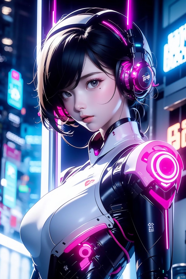 1girl, solo, cyberpunk, black hair, chinese clothes, see-through, upper body, lips, looking at viewer, dress, neon lights, blurry background, blurry, headphones