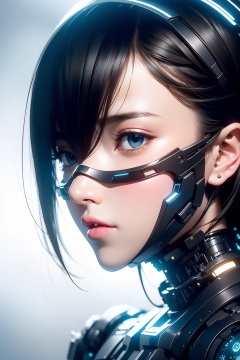 1girl, solo, looking at viewer, mouth mask, black hair, mask, short hair, blue eyes, bangs, hair between eyes, headgear, science fiction, portrait, cyberpunk, from side