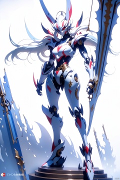 weapon, 1girl, sword, solo, mecha, stairs, no humans, holding, holding weapon, standing, holding sword, painting \(object\),White background, 