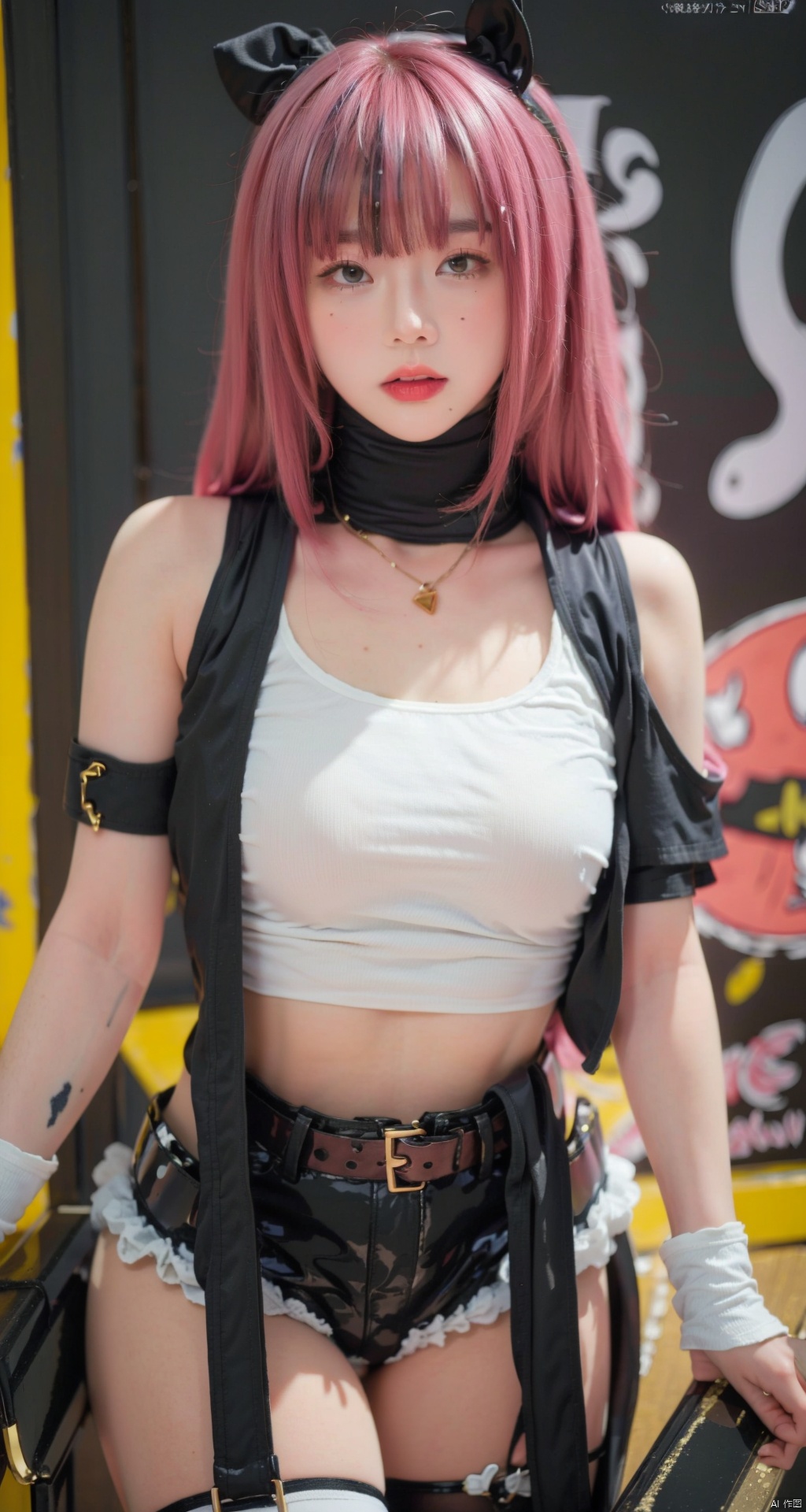  (Masterpiece, best picture quality, master works), epic composition, a child, pink_hair,soukaku|cosplay, ,*****,black thighhighs, 1girl,hairclip,splatter background,street fighter iii (series), jang