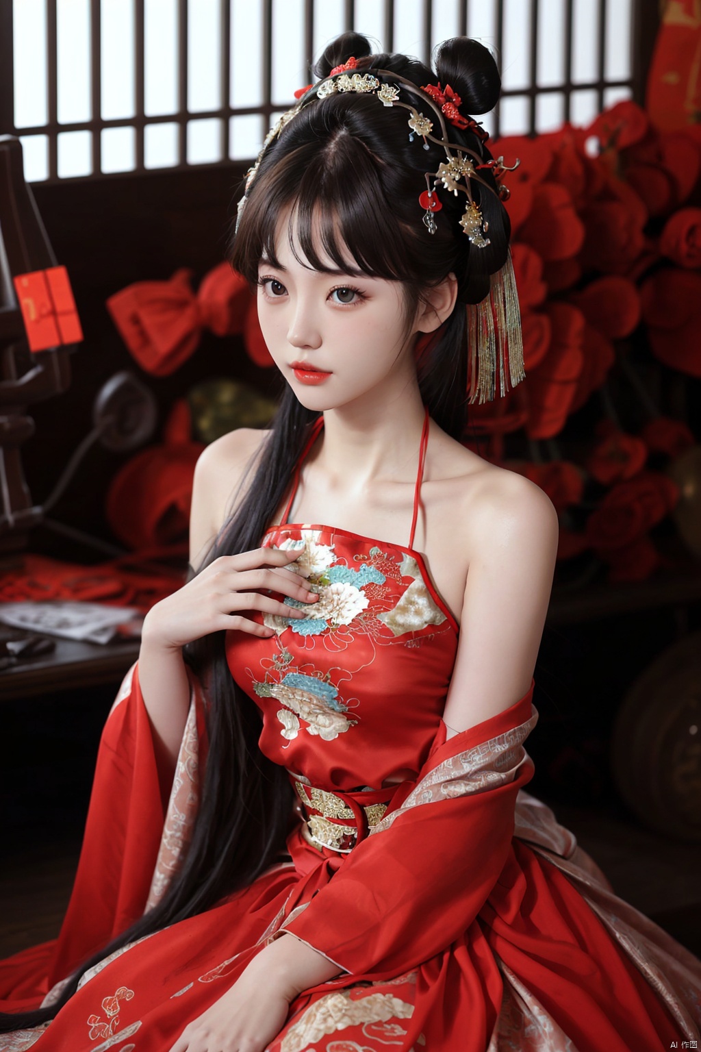  1 girl, dress, hair accessories, red dress, single person, Chinese clothing, long hair, bare shoulders, hair bun,