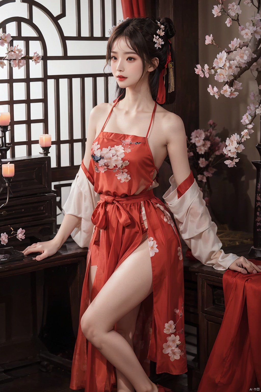  (Hair style with white hair) (Hanfu with Chinese style patterns), symmetrical, (highest quality, realistic photos, original photos, cinematic lighting, highly detailed illustrations), (1 woman, alone), (Asian girl, very delicate face, super beautiful face, very delicate eyes, super detailed nose, very complex mouth, very detailed facial features), woman, (medium chest) skin, lip gloss, smile, full body view, high-resolution, high-resolution, 8k, masterpiece 2:1, skin radiance, radiant skin, young girl, (Kyoto, dropped cherry blossoms), off the shoulder, shoulder blades, Han Clothing

