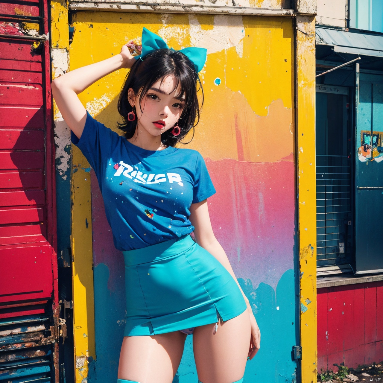 Abstract Pop Surrealism: A fusion of abstract, pop, and surreal styles brings forth a woman in a miniskirt, draped in a playful cosplay uniform, showcasing cute panties in a vibrant, dreamlike setting. ,sticker,dripping paint,roses_are_rosie,neon photography style,tshirt design,ice and water,tranzp,lego