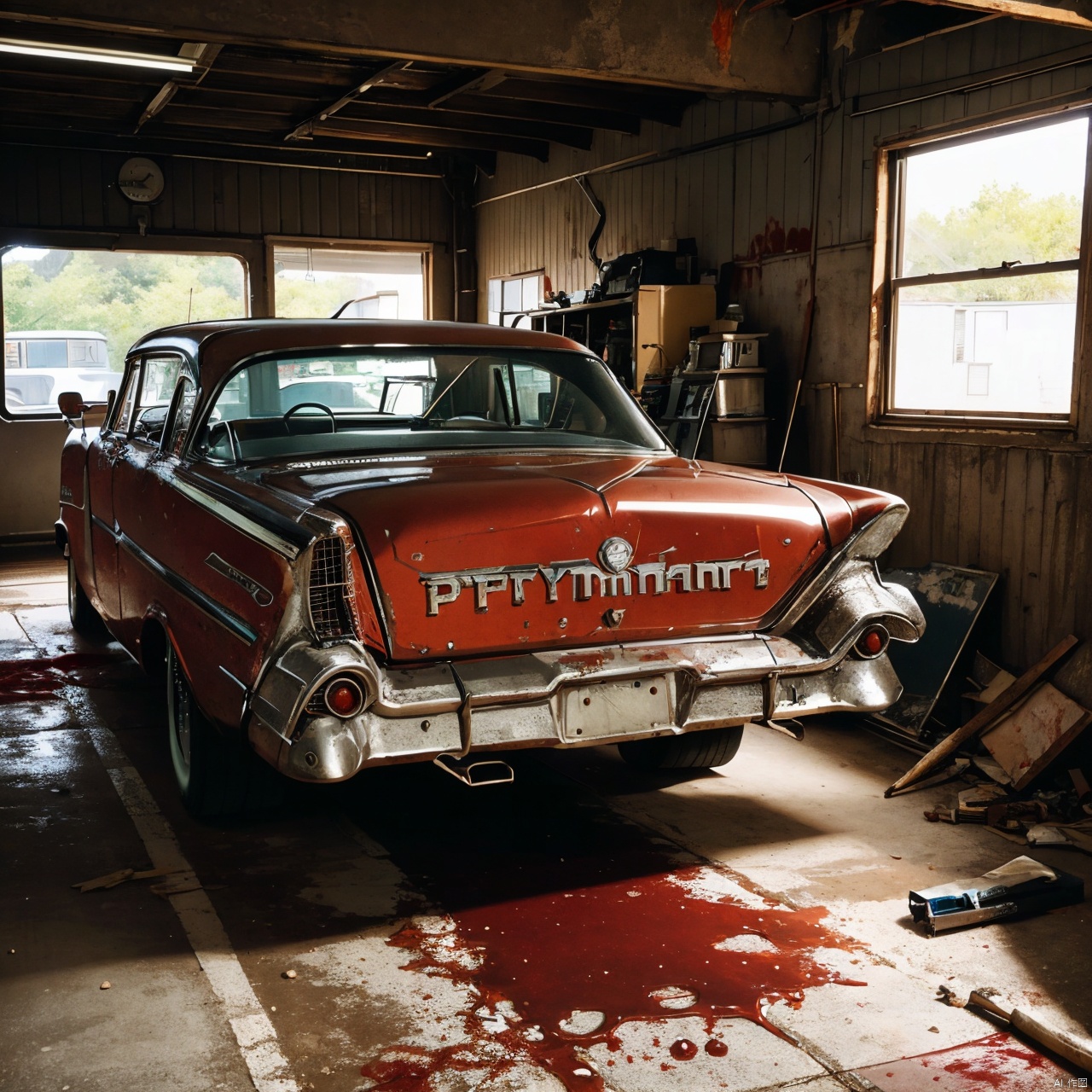 A photo realistic image of a complete rusted, four-door, (((blood red))), (((1958 Plymouth Fury))) in an old garage full of tools, night, focus on the intricate details of its faded paint job, the wear and tear on the tires, and the aged textures of the metal body. Use the multi-prompt "car::photorealistic::rust" with a prompt weighting of "rust" to emphasize the aged textures and worn out look of the car, car,photo r3al