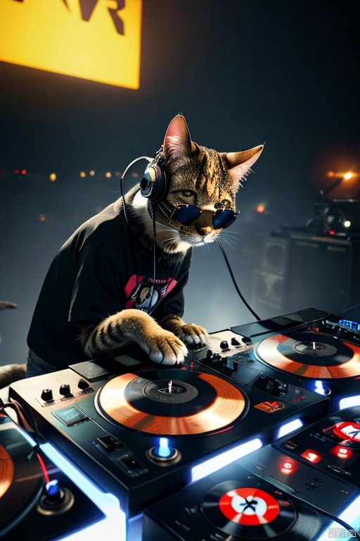  8k uhd rtx on cinematic artistic photoreal masterpiece best quality high resolution, A Cat DJ, wearing sunglasses and headphones, working the turntables as a DJ,
