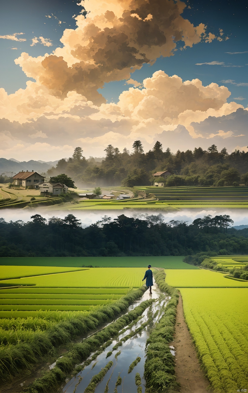  An old farmer carries a flat burden, Walk the winding roads of the countryside, Big clouds, blue sky, rice fields, There are neat rice seedlings in the field, forest, Hillside, Quiet, Rural area, HD Detail, Hyperdetail, Cinematic, Surrealism, Soft Light, Deep Field Focus Bokeh, Ray Tracing, and Surrealism,cloud,jianzhi