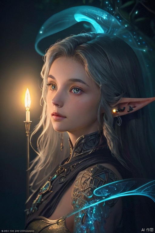 (masterpiece), (extremely intricate), fantasy, (((realistic depiction of a mystical dark elf, female, enchanting, ethereal face, pointed ears, flowing hair, Bioluminescent Elements, Fairy Lights, Magical Glow))), (((darkish magical setting, mystical ambiance))), (perfect composition:1.4), aspect ratio 3:4, detailed portrayal of a beautiful mystical dark elf in a standing pose, (deviantart hd, artstation hd), (award-winning concept art), (margins, detailed face and body), professional oil painting by renowned artists, (trending on ArtStation, trending on CGSociety), intricate, high detail, sharp focus, dramatic, award-winning matte drawing cinematic lighting,
incorporating octane render, unreal engine, and volumetrics