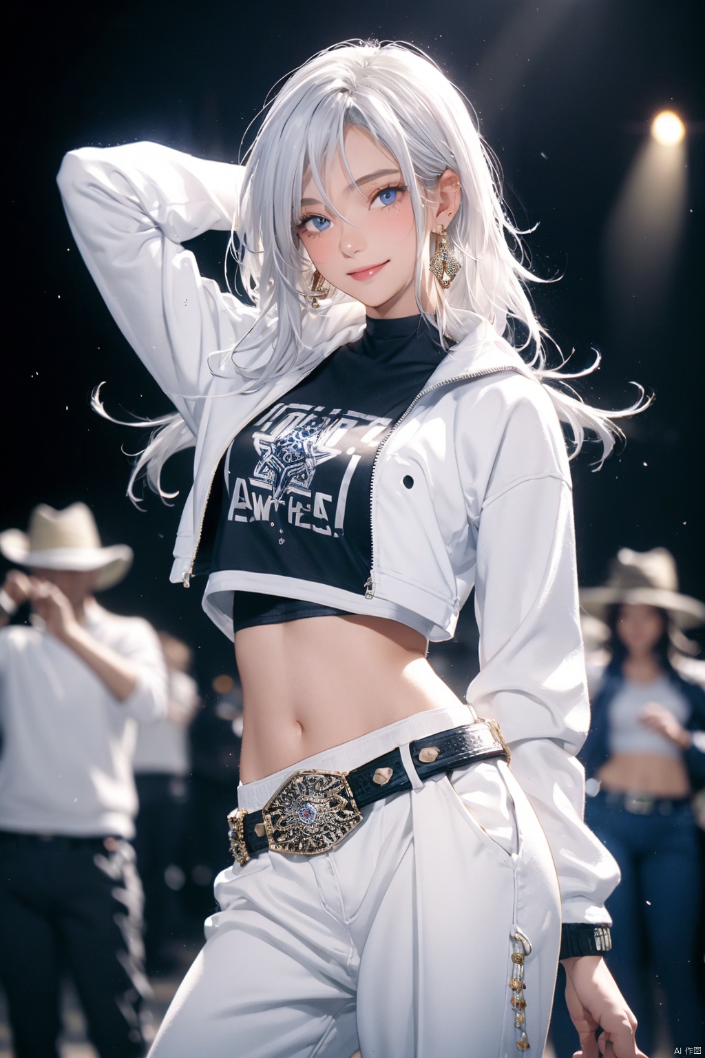  navel, jewelry, long hair, pants, looking at viewer, earrings, midriff, smile, 1girl, blurry, white pants, blurry background, arm behind head, blue eyes, crop top, cowboy shot, belt, solo focus, blush, arm up, long sleeves, white hair, shirt, bangs, closed mouth, breasts, depth of field, white jacket, jacket, solo, stomach, standing, white shirt