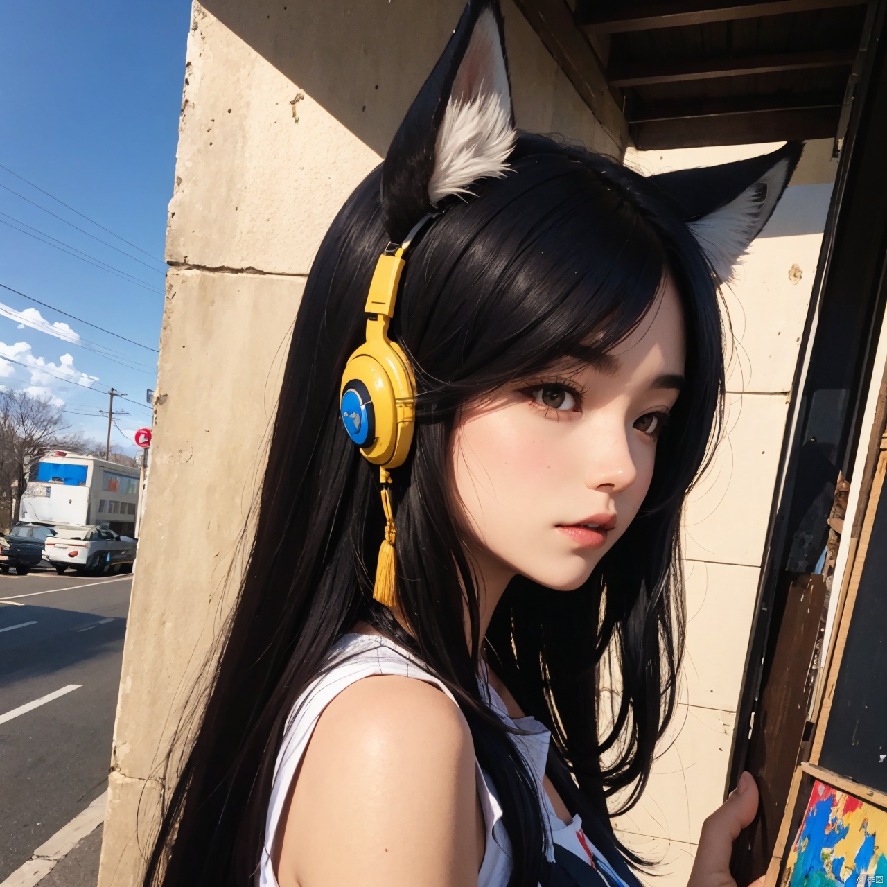 fox_tail,black-hair,5_figners,yellow_eyes,fox_girl,fox_ears,Ahri,midjourney,upper_body,1 girl,More Detail,perfect light,CJ painting