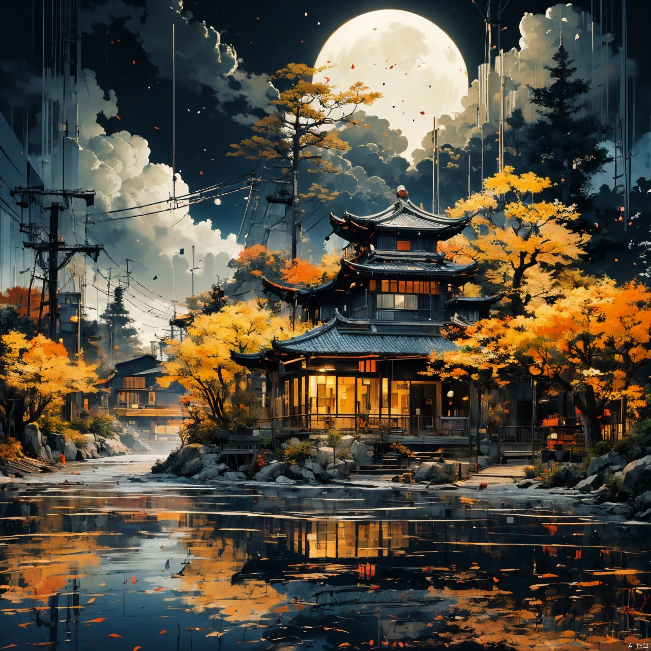  msaibo, no humans, cloud, reflection, tree, scenery, moon, sky, building, outdoors, leaf, autumn leaves, full moon, cloudy sky, power lines