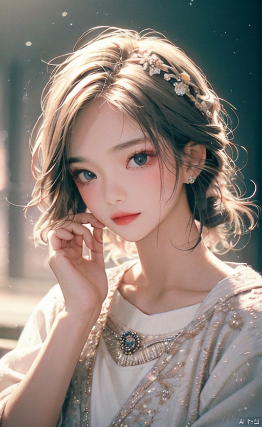  1girl, Floral motifs, luminous skin, enchanting gaze, embellished attire, natural lighting, shallow depth of field, romantic setting, dreamy pastel palette, whimsical details, captured on film, mpaidui