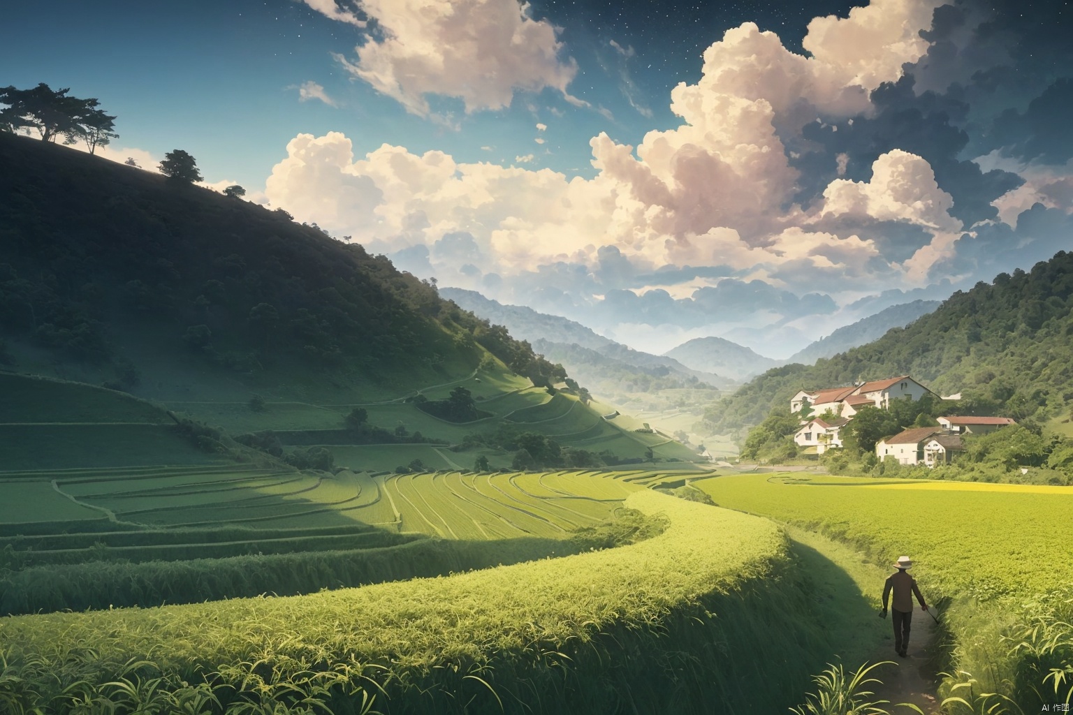  An old farmer carries a flat burden, Walk the winding roads of the countryside, Big clouds, blue sky, rice fields, There are neat rice seedlings in the field, forest, Hillside, Quiet, Rural area, HD Detail, Hyperdetail, Cinematic, Surrealism, Soft Light, Deep Field Focus Bokeh, Ray Tracing, and Surrealism,cloud,jianzhi