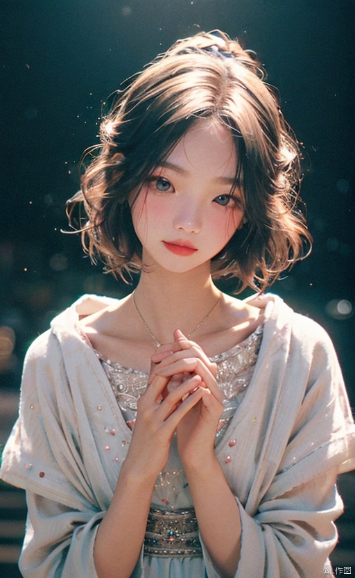  1girl, Floral motifs, luminous skin, enchanting gaze, embellished attire, natural lighting, shallow depth of field, romantic setting, dreamy pastel palette, whimsical details, captured on film, mpaidui