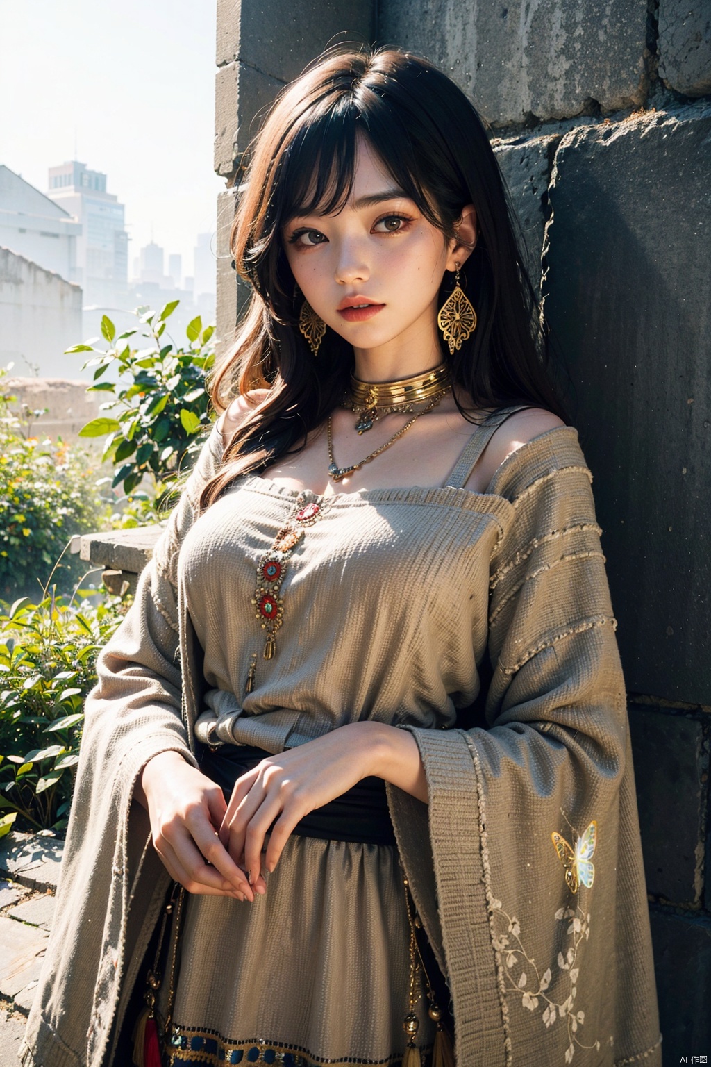  masterpiece, best quality,ultra-detailed,ultra high res, by cgart_firefly, 1girl\(portrait, bohemian style, flowing dresses, layered clothing, earthy colors, fringe accessories, ethnic prints, natural fabrics\), (butterfly),BREAK,artistic designs, cinematic