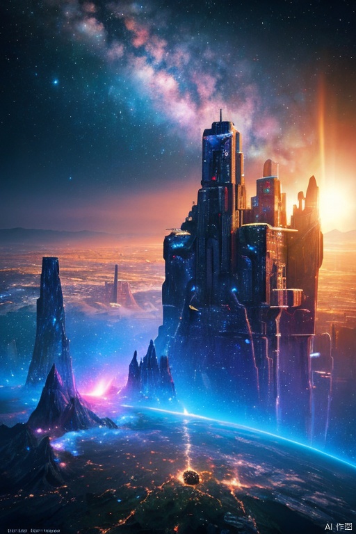 fantasy landscape, gel, backlit,  futuristic cityscape, vivid colors, sci fi, nebula, cosmic space background, masterpiece, highly detailed, 8k, high resolution, digital art, fantasy, photorealistic, 