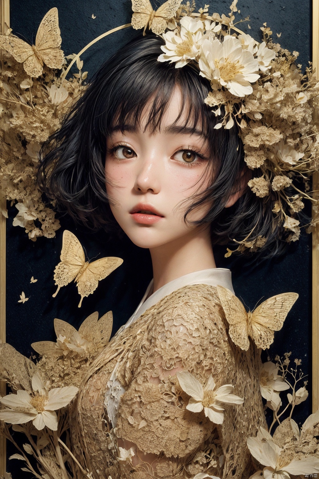  abstract art, (style of Yuko Shimizu:1.3), (black theme:1.1), gold theme, golden butterflies, dark stars, 1girl, field of white flowers, , facing viewer
