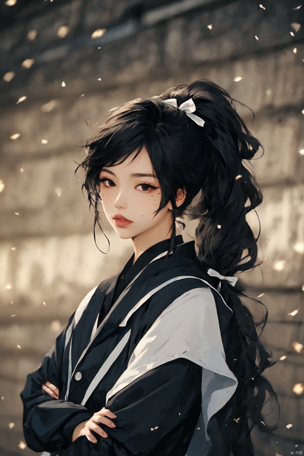  02693-3732785628-1girl,solo,long hair,ponytail,black hair,blurry,upper body,blurry background,crossed arms,hair ribbon,ribbon,lips,mole,black eye