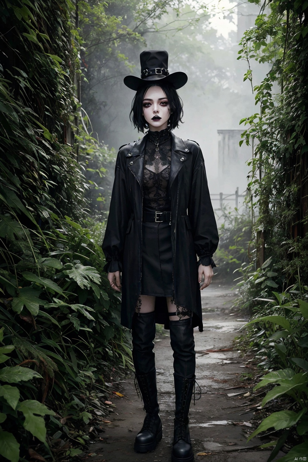  (masterpiece:1.4, best quality), (intricate details), unity 8k wallpaper, ultra detailed, 1girl, Contempt, Dystopian goth outfit with post-apocalyptic-inspired clothing, distressed layers, and combat boots, Smoky grey eyeshadow with a hint of shimmer, (Ralph Eugene Meatyard:1.3), (High fashion goth:1.3), Haunted mansion with overgrown gardens,