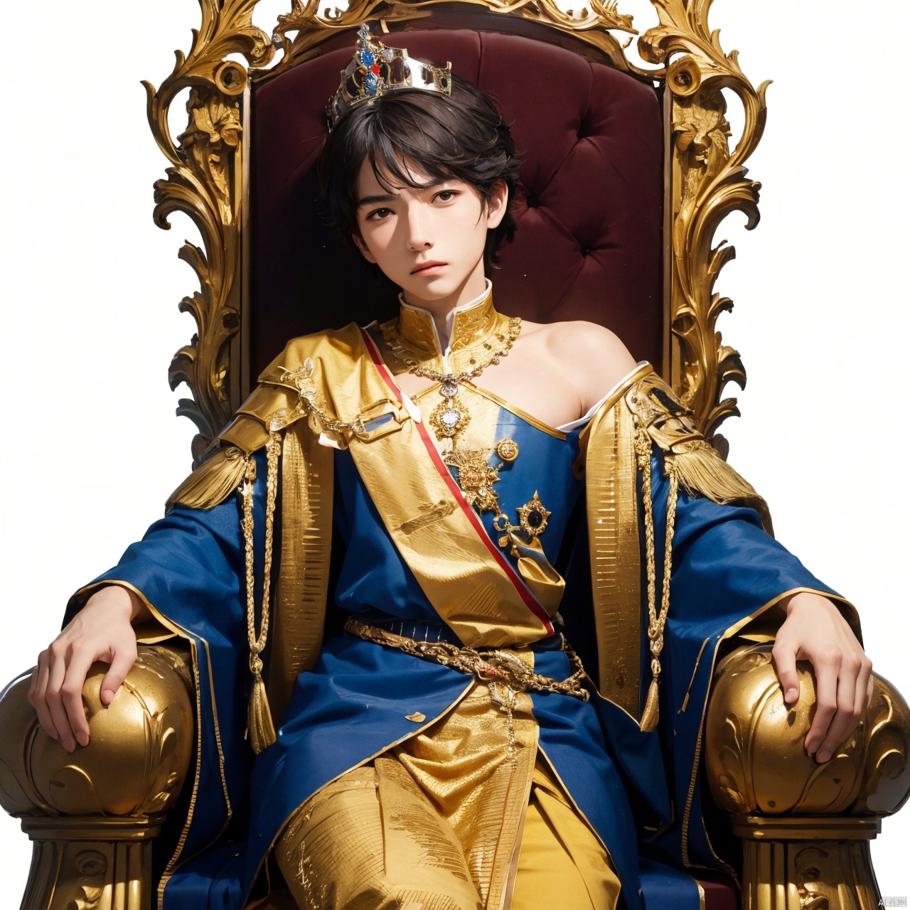 (close view, masterpiece, best quality, highres), 1boy, neuvillette, upper body, looking at viewer, serious expression, (detailled background, sitting on a throne)