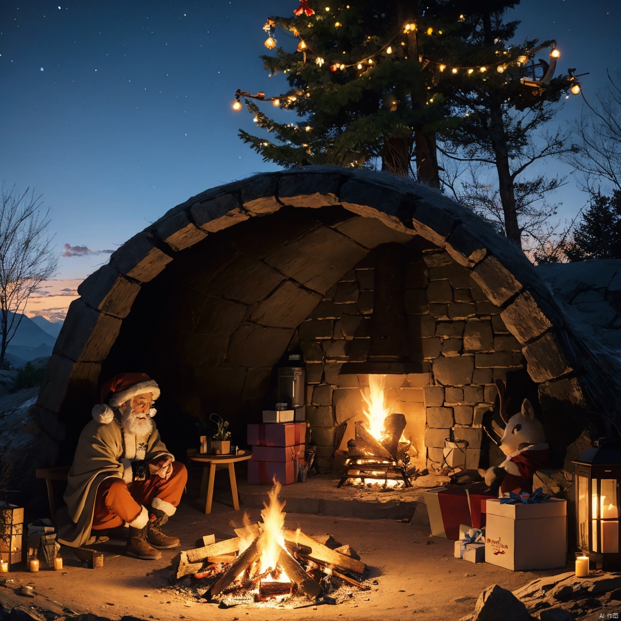 ((Anime)), Santa Claus living in a cave, primitive setting, campfire in the middle, reindeer in the far back, Christmas tree, more detail XL, SFW, solo, closeup shot