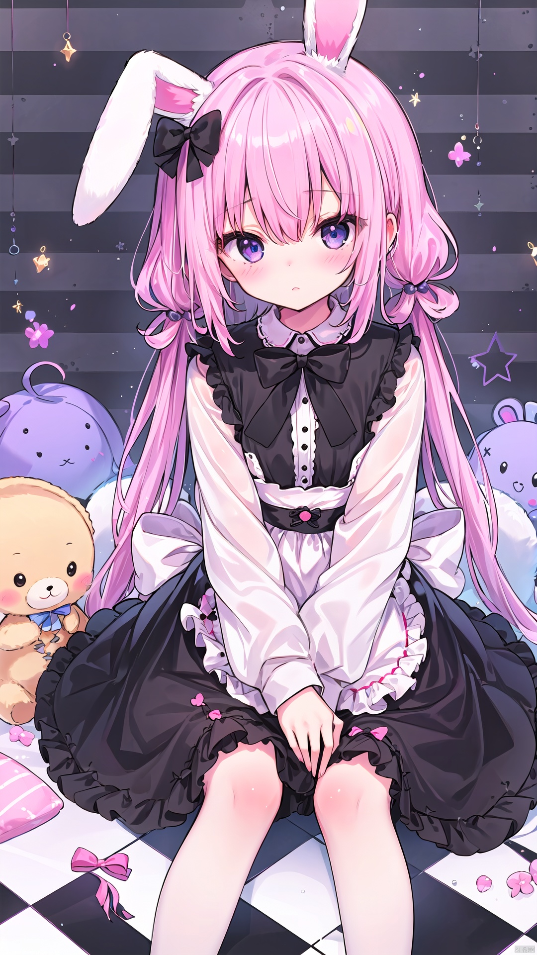 1girl, argyle, argyle background, bangs, black bow, blue eyes, blush, bow, bunny, checkered, checkered background, checkered floor, crown, dress, eyebrows visible through hair, frilled sleeves, frills, hair between eyes, hair bow, holding, holding stuffed toy, lolita fashion, long hair, long sleeves, looking at viewer, mini crown, pink hair, polka dot, puffy sleeves, purple eyes, rabbit ears, shirt, solo, stuffed animal, stuffed bunny, stuffed toy, twintails, very long hair, white shirt