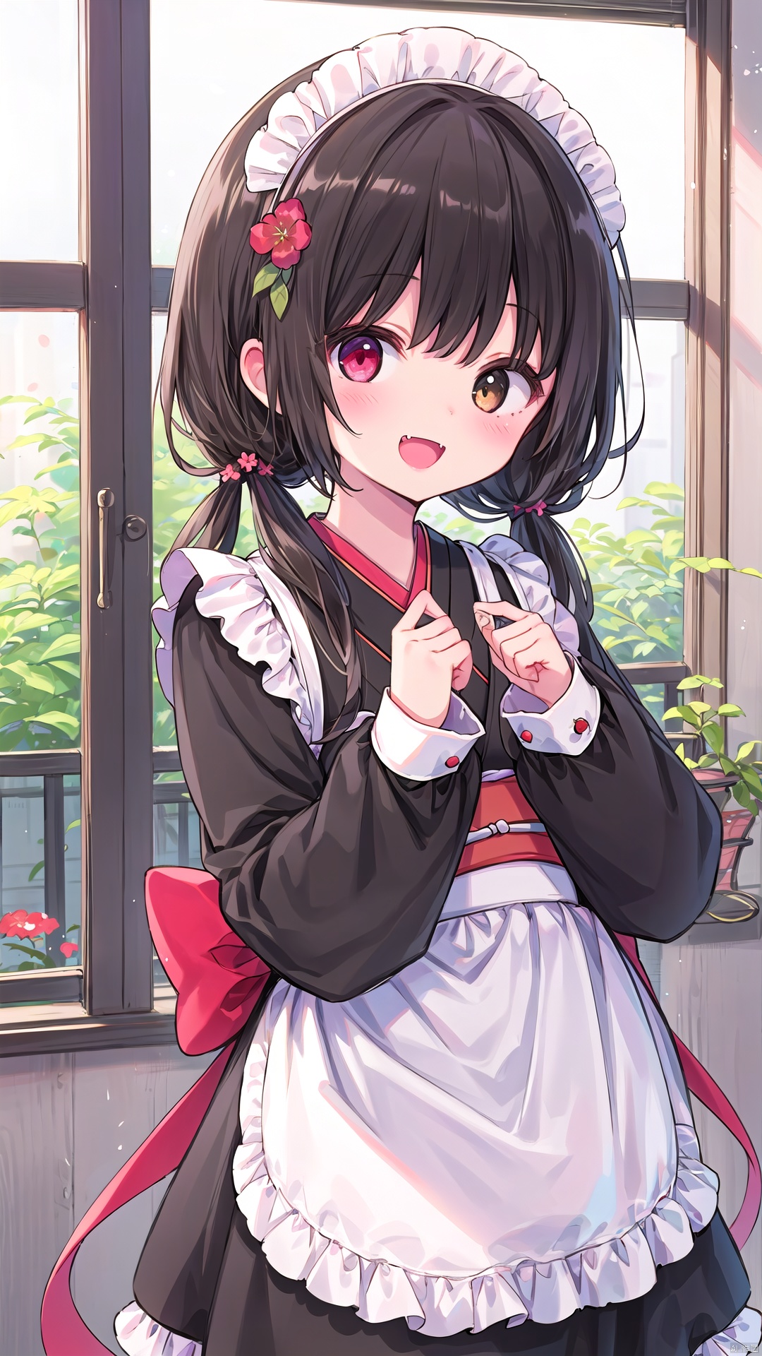 1girl,  :d,  apron,  bamboo,  bangs,  black kimono,  blush,  brown eyes,  fangs,  flower,  frills,  hair flower,  hair ornament,  heterochromia,  indoors,  inui toko,  japanese clothes,  kimono,  long hair,  long sleeves,  looking at viewer,  low twintails,  maid headdress,  open mouth,  picture frame,  plant,  potted plant,  red eyes,  red flower,  sleeves past wrists,  smile,  solo,  twintails,  upper body,  maid,  white apron,  wide sleeves,  window